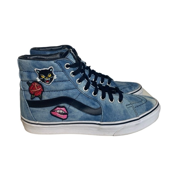 Vans Shoes Skateboarding Sk8 Hi Denim Acid Wash Patches Mens 8.5 Womens 10 Blue - Picture 1 of 13